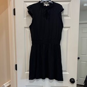 LOFT smocked waist flutter sleeve black knee length dress